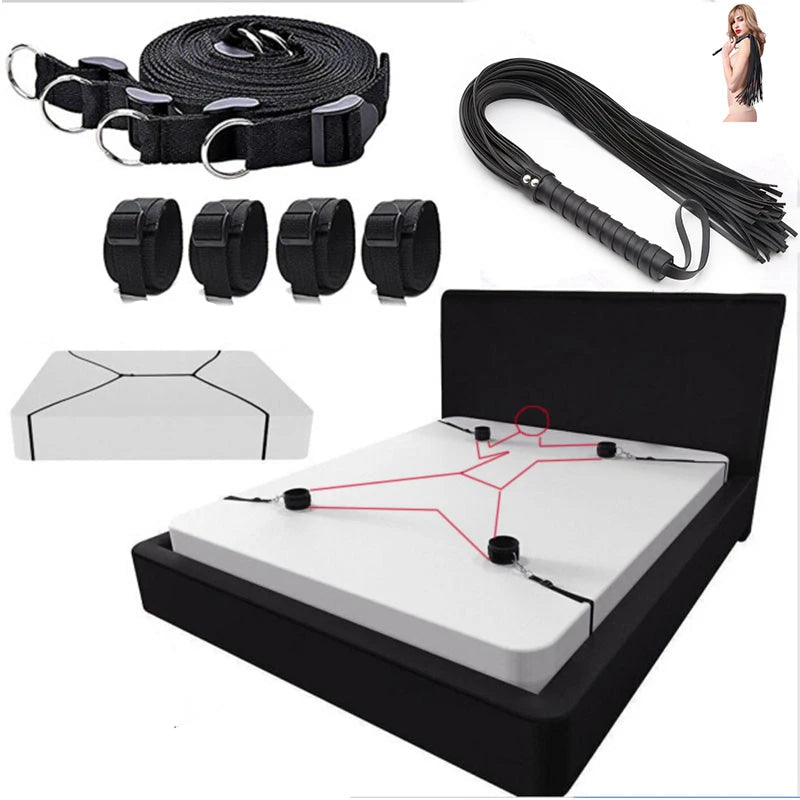 Adjustable Bed Restraints with Flogger Whip