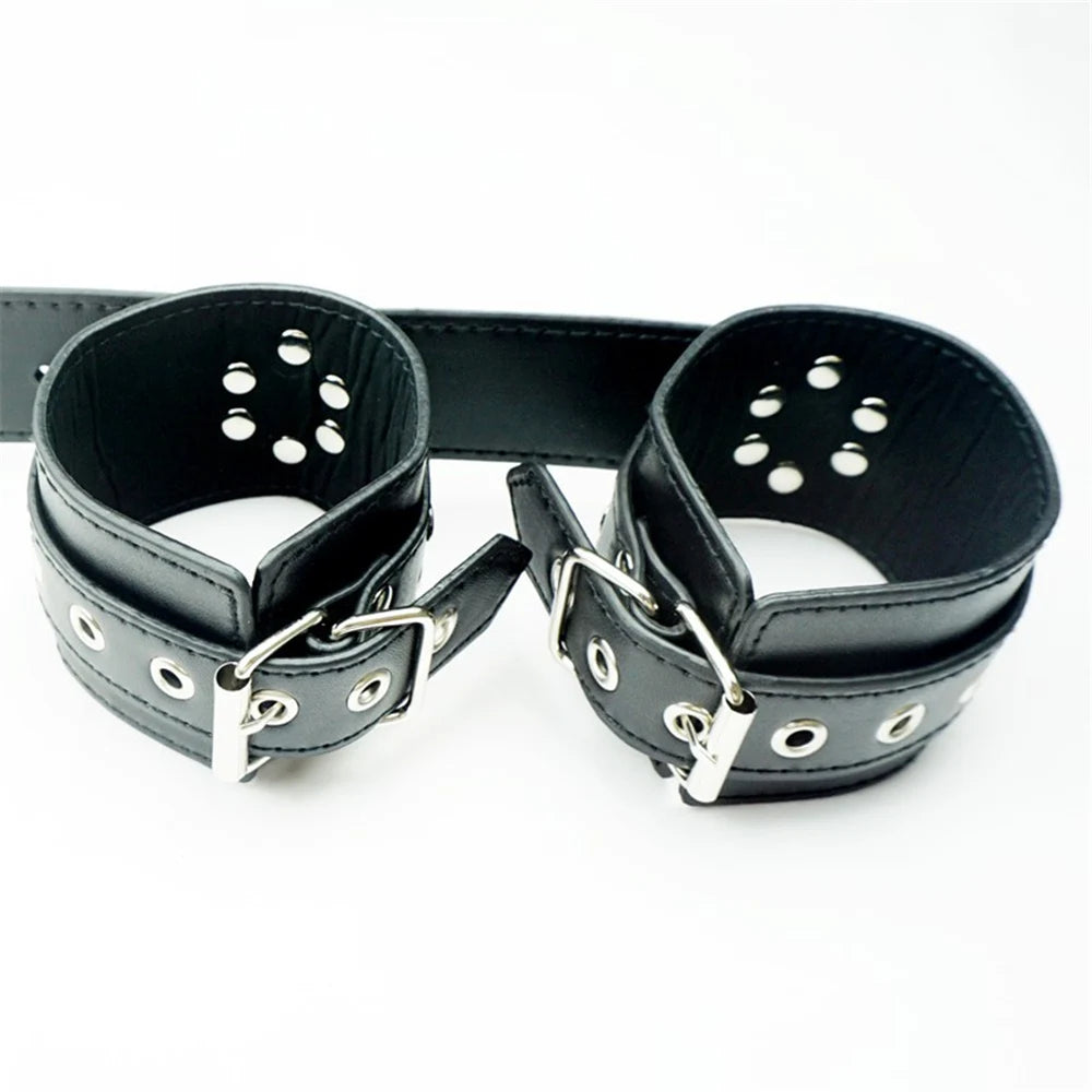 Leather Bondage Beginner Kit Choker with Restraints and Blindfold