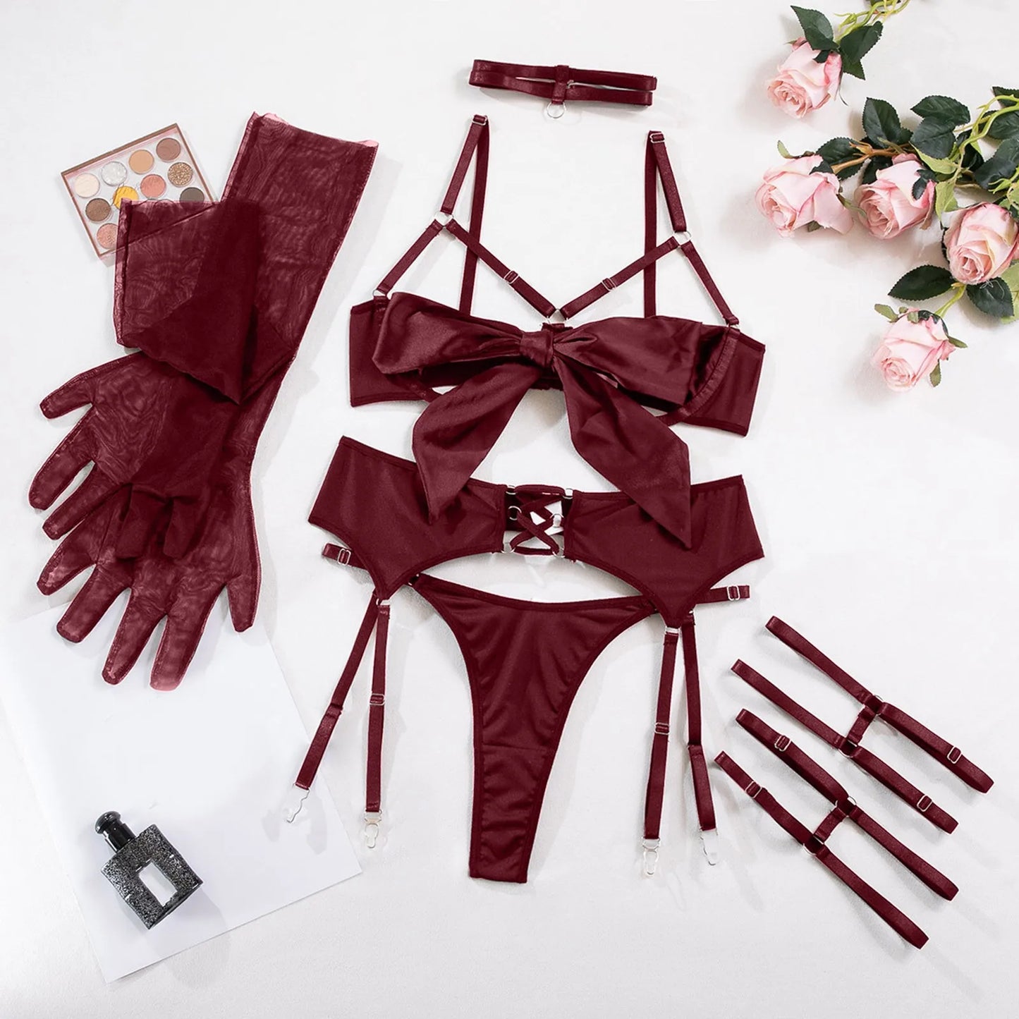 Luxury Thierry Bowknot Satin Lingerie Full Set