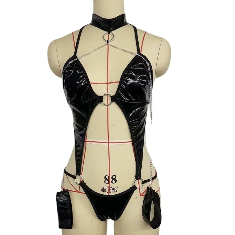 Erotic Wet Look Bodysuit and Playful Restraints Set