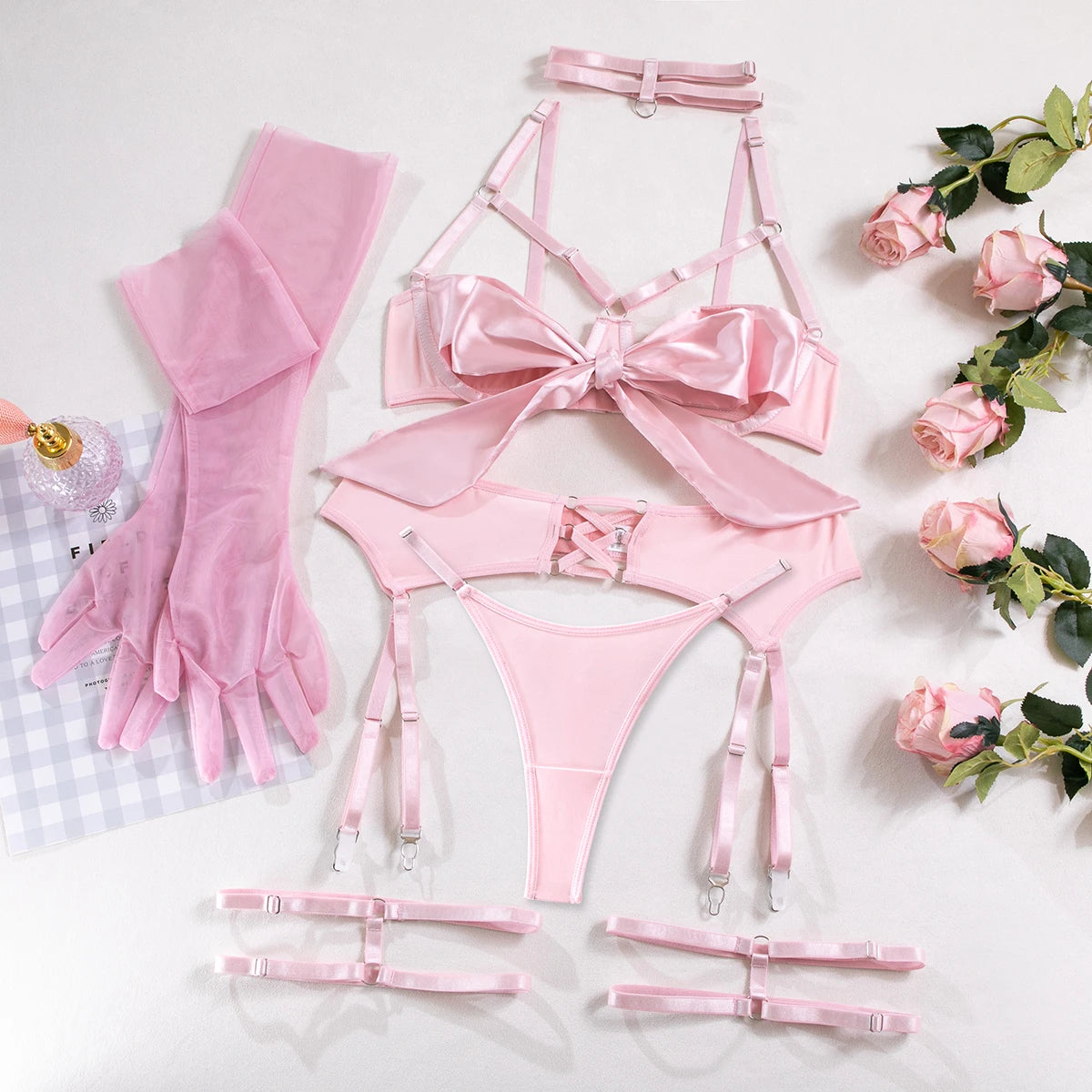 Luxury Thierry Satin Bowknot Lingerie Full Set